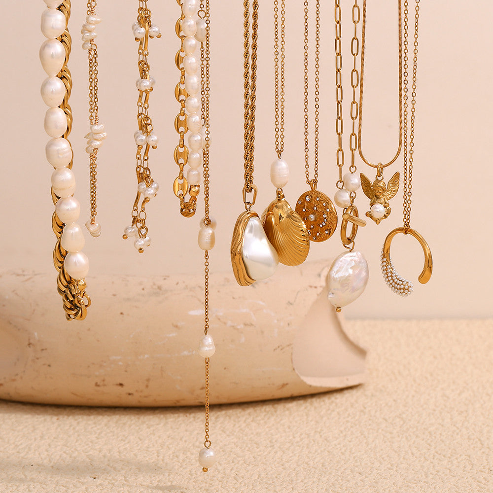 Women's 18k Gold Stainless Steel Waterproof Imitation Pearl Irregular Series Necklace