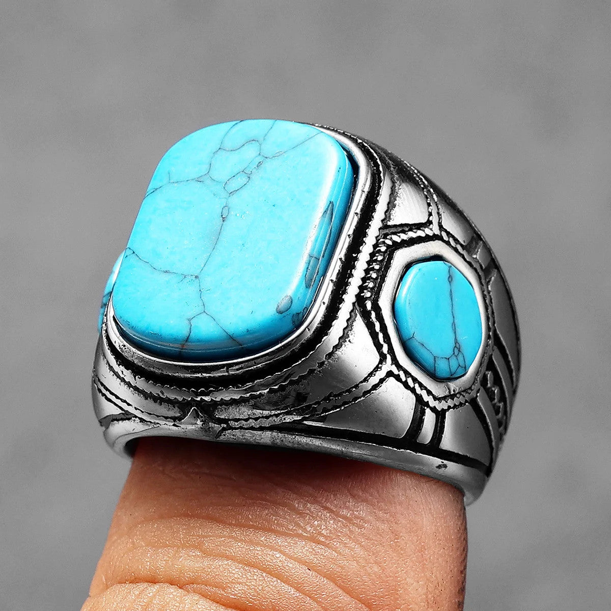 Luxury Turquoise | 316L Carved Men's Stainless Steel Street Wear Stylish Rings