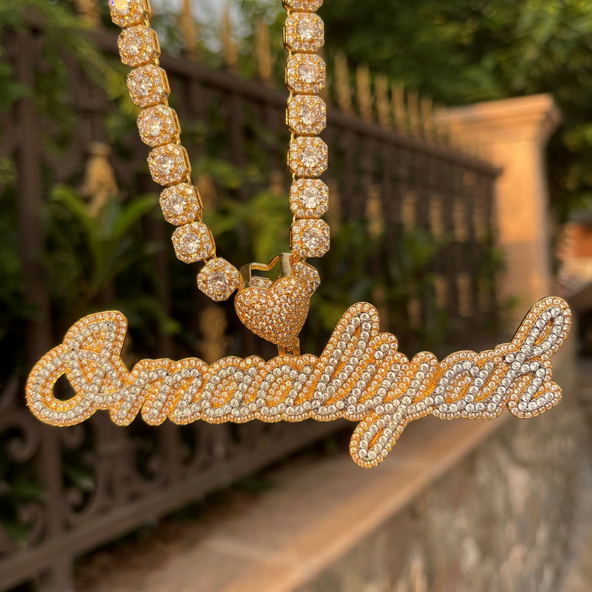 Heartfelt Elegance | Cursive letter Custer Stone Nameplate Custom Made Necklace