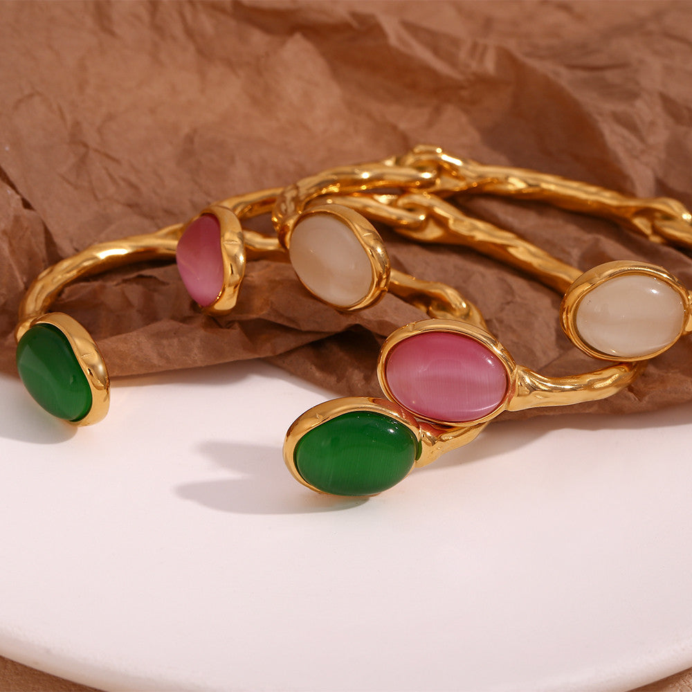 18k Gold Stainless Steel Oval Natural Stone Open Irregular Green Agate Crystal Bracelets