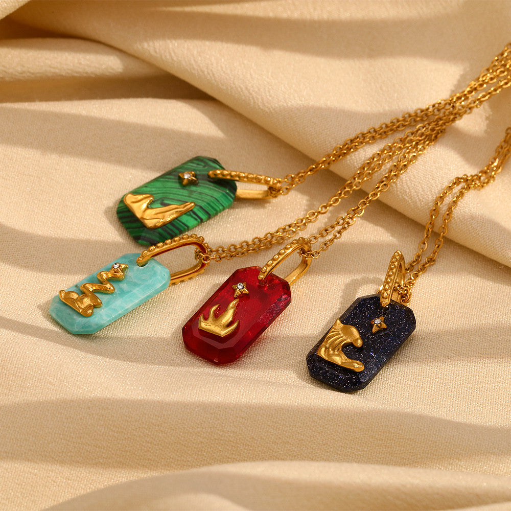 Ladies 18k Gold Stainless Steel Colorful Rectangle Star Lion Pendant No Fade Necklace