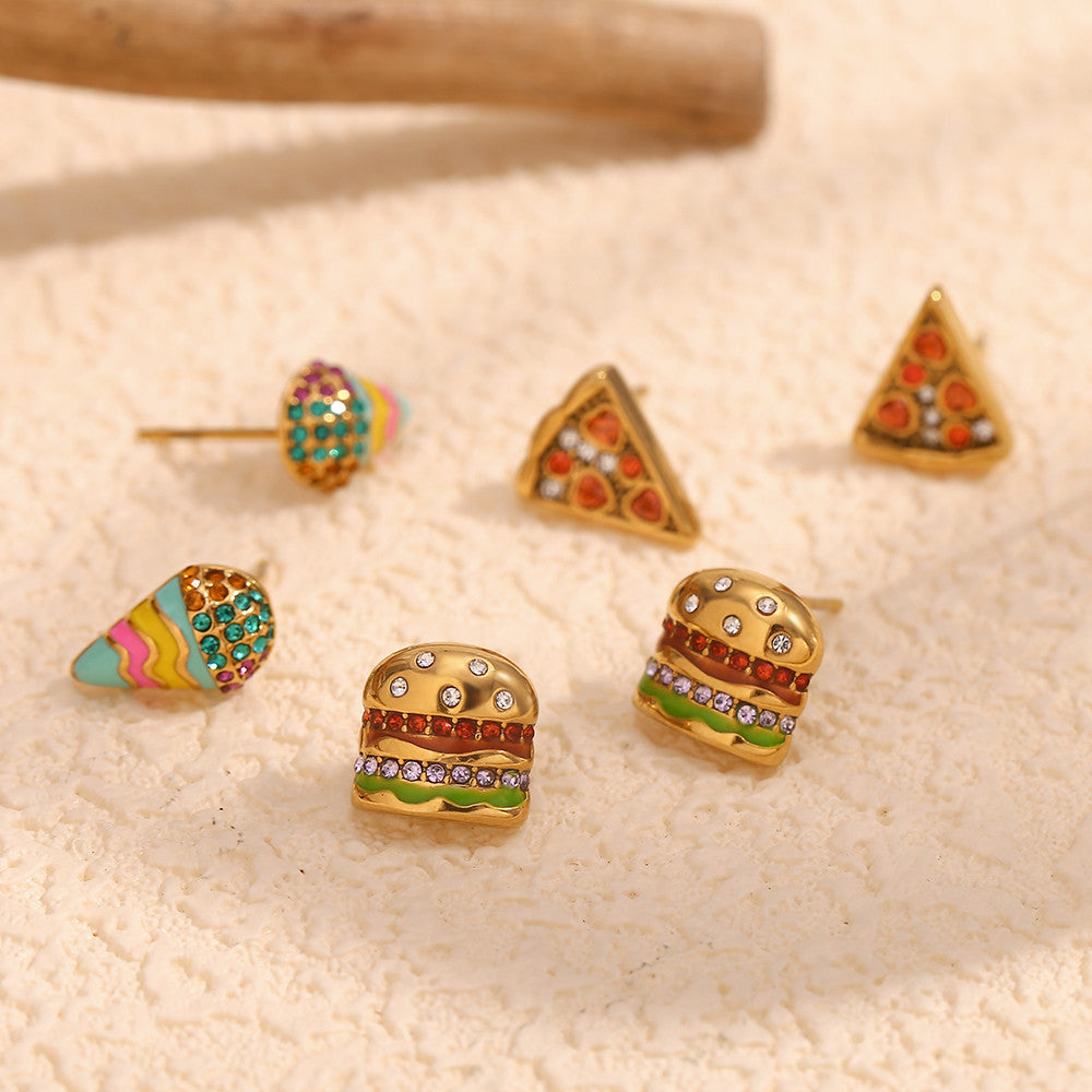 Ladies 18k Gold No Fade Summer Sweet Color Series Sandwich Pizza Ice Cream Earrings