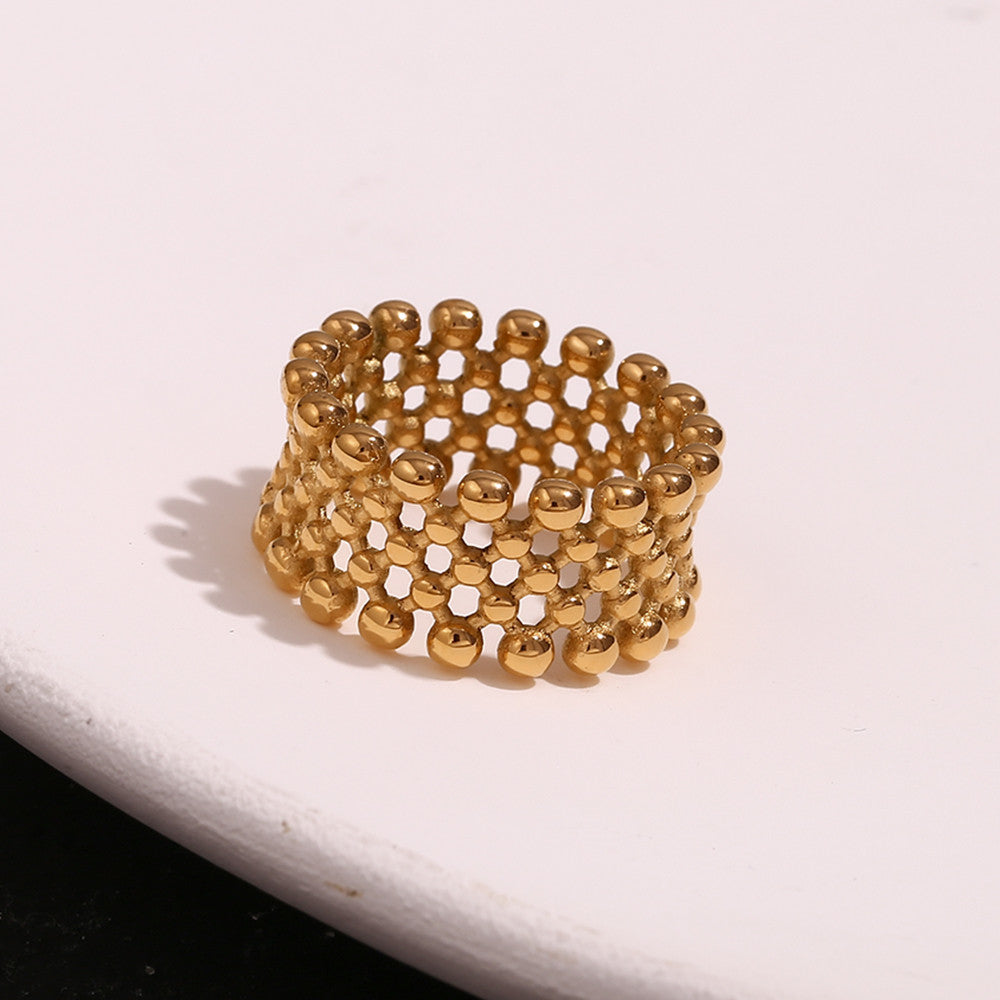 18k Gold Waterproof Small Ball Mesh Faced Stainless Steel Ring
