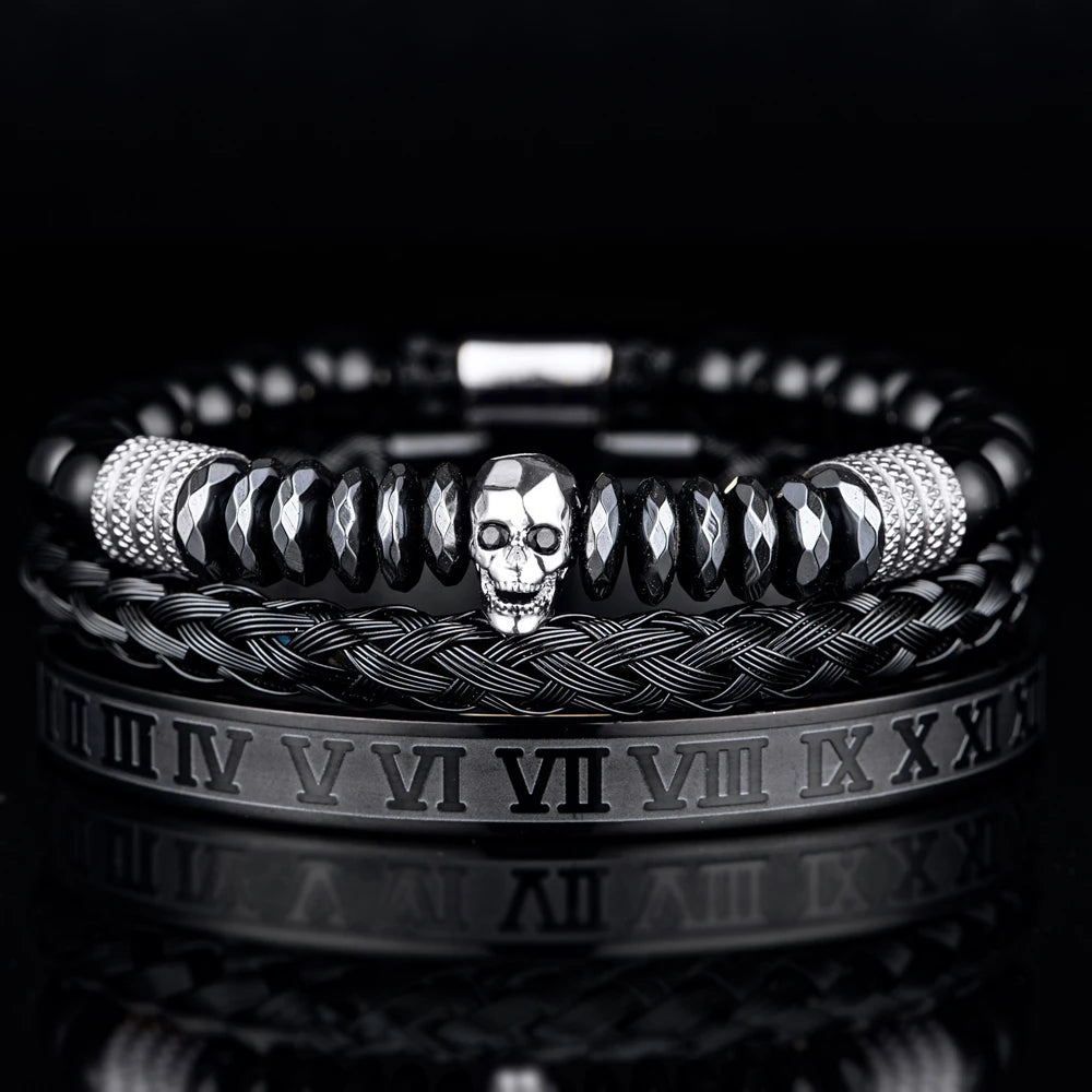 Men's Luxury Hematite Hand Made Bead 3 Piece Skull Head Hip Hop Luxury Bracelet Sets