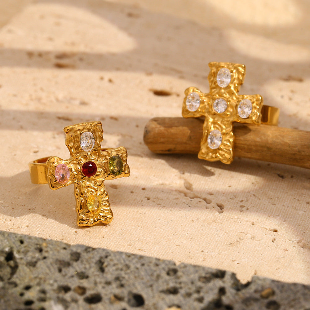 Womens Luxury 18k Gold Multicolor CZ Stainless Steel Waterproof Cross Ring