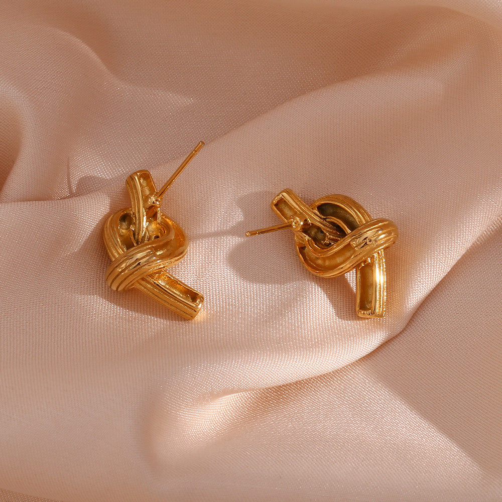 Ladies 18k Gold Stainless Steel Waterproof Texture Knot Stud Earrings