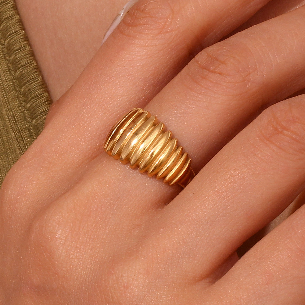 18k Gold Stainless Steel Fine Polished Textured Wide Dome Waterproof Rings For Women