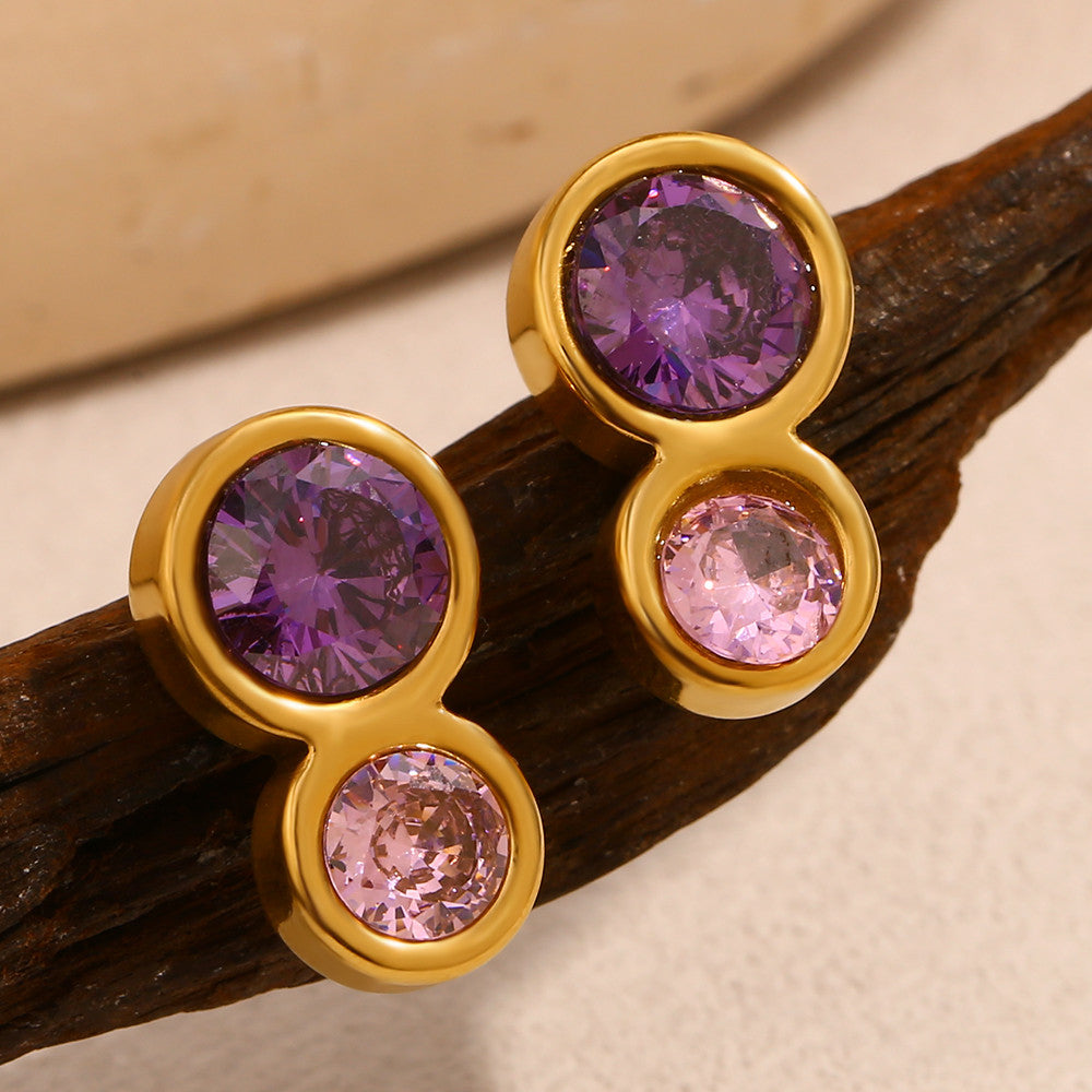 18k Gold Waterproof Stainless Steel Double CIrcle Pink Purple Ziron Stud Earrings