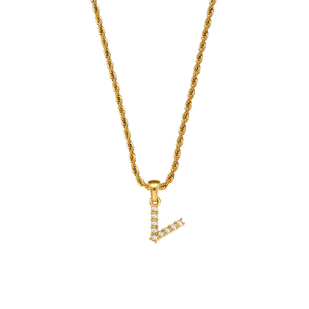 18k Gold No Fade Stainless Steel PVD Tarnish Free Elegant Pearl Letter Necklace