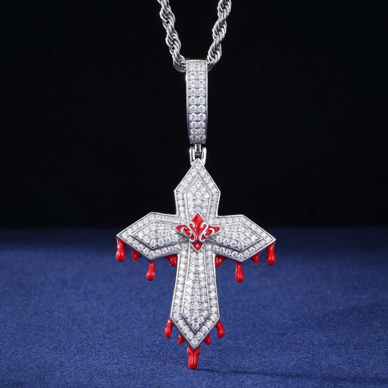 Blood Ties | Solid 925 Sterling Silver Moissanite Diamond Hip Hop Blood Drip Cross Pendant