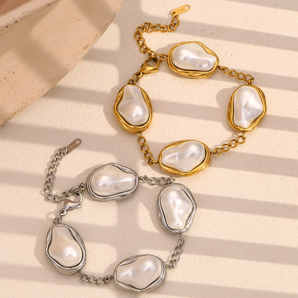 Ladies Baroque Large Size Irregular Pearl 18k Gold Stainless Steel Tarnish Free Bracelets