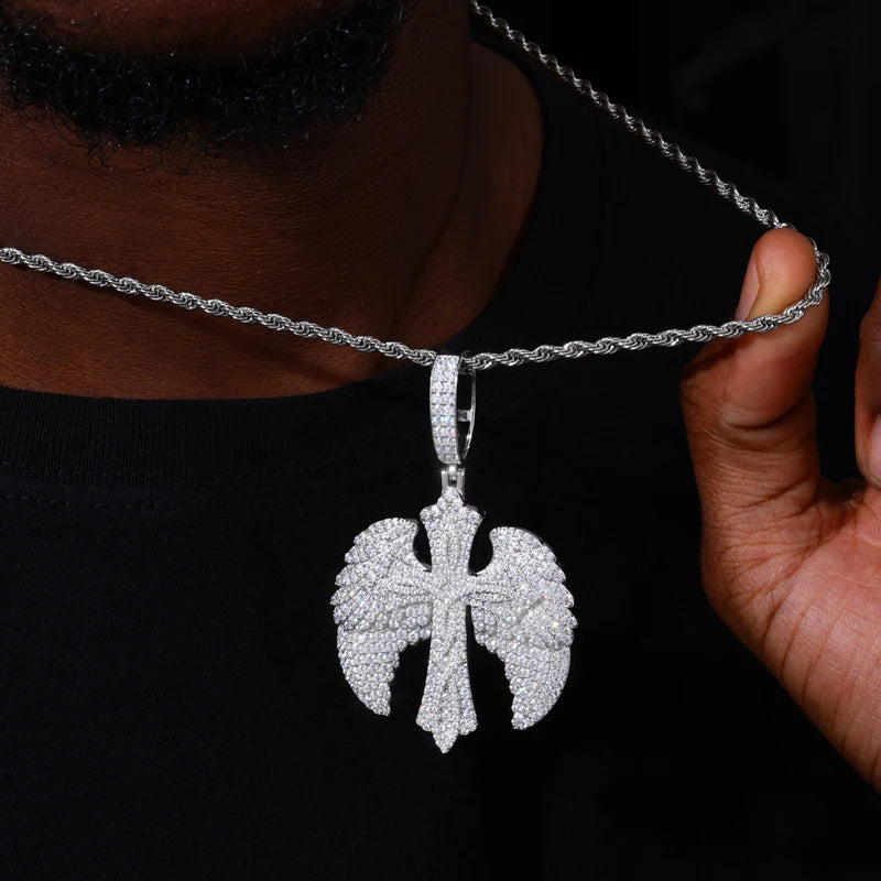 Wings Of Love | Iced Blinged Out 925 Sterling Silver Winged Cross Hip Hop Moissanite Pendant