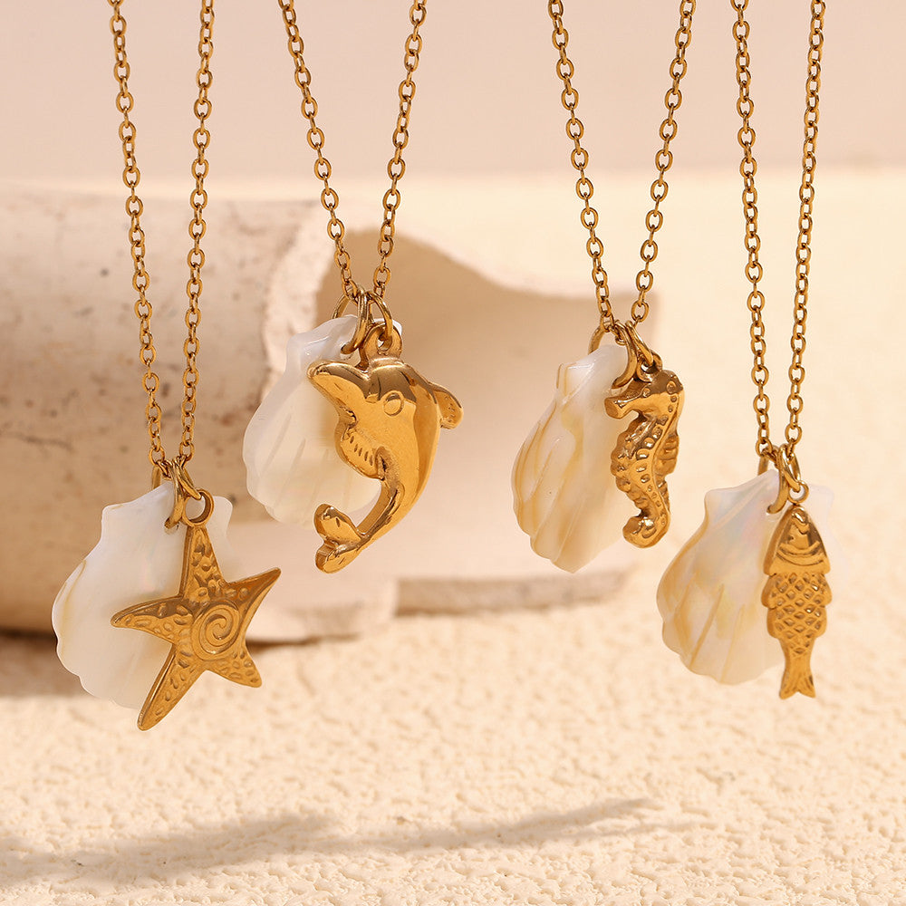 18k Gold Stainless Steel Waterproof Sea Animals Starfish Dolphin Mother Of Pearl Necklaces