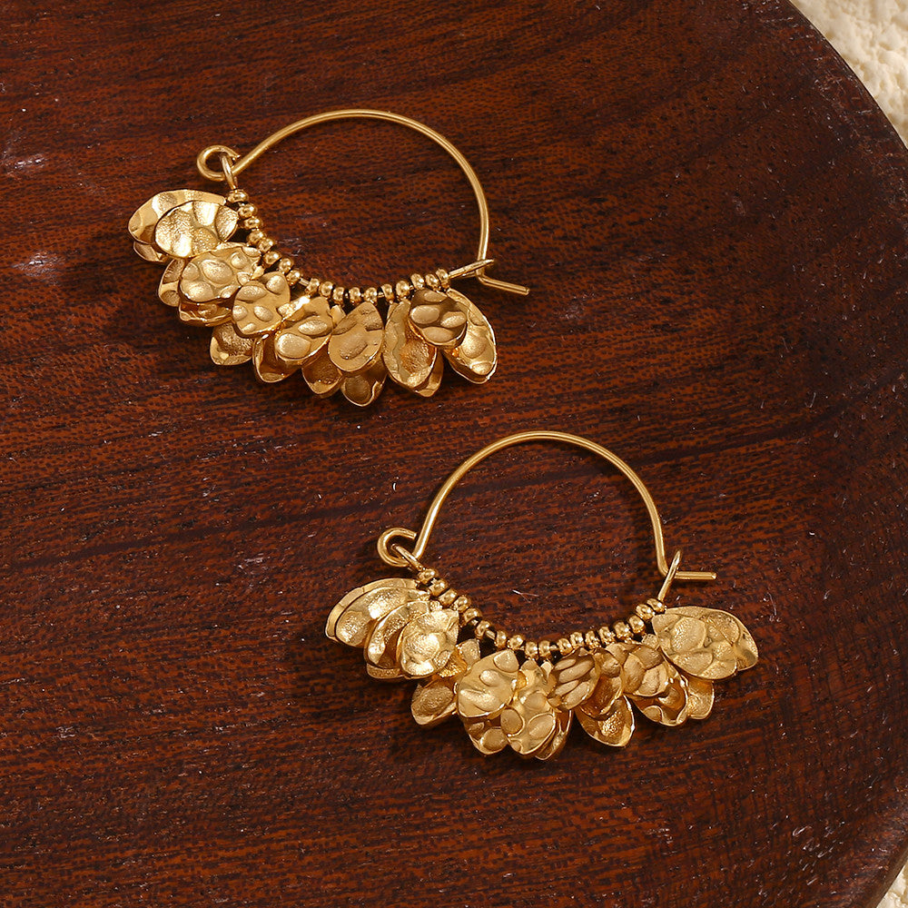 Stainless Steel 18k Gold Elegant Hammered Leaf Pattern Designer Style Earrings