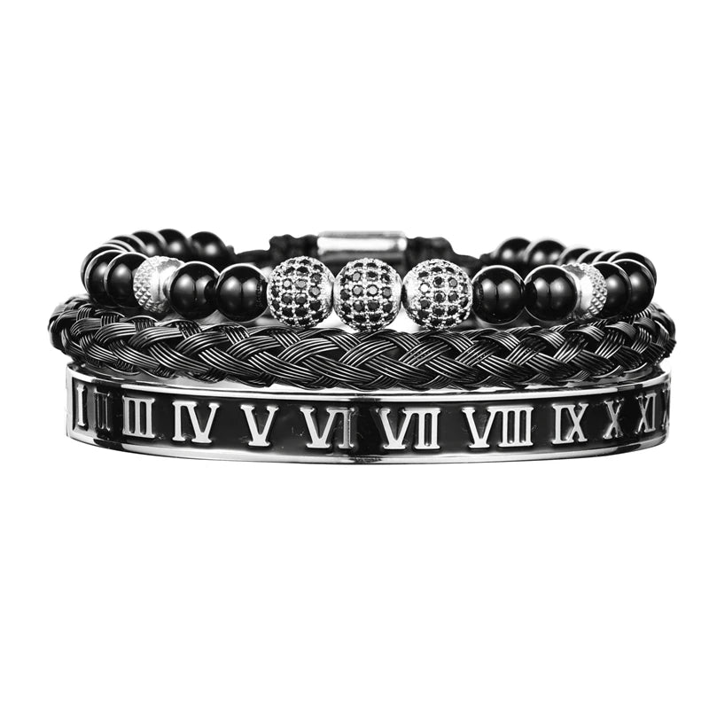 Imperial Force | Luxury Kings Crown 18k Gold Black Stainless Steel Bracelet 3 Piece Set