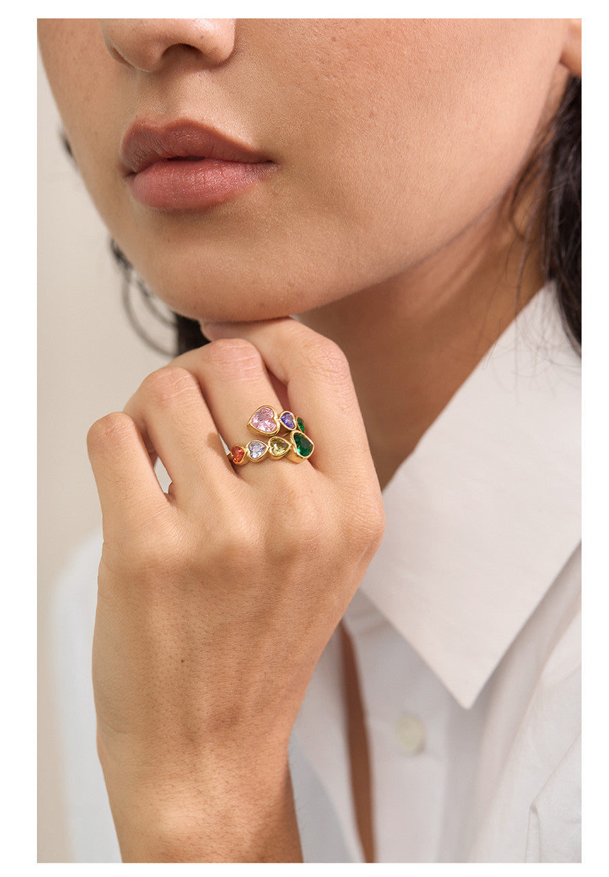 Ladies Cubic Zirconia Heart Stainless Steel 18k Gold Adjustable Fashion Open Ring