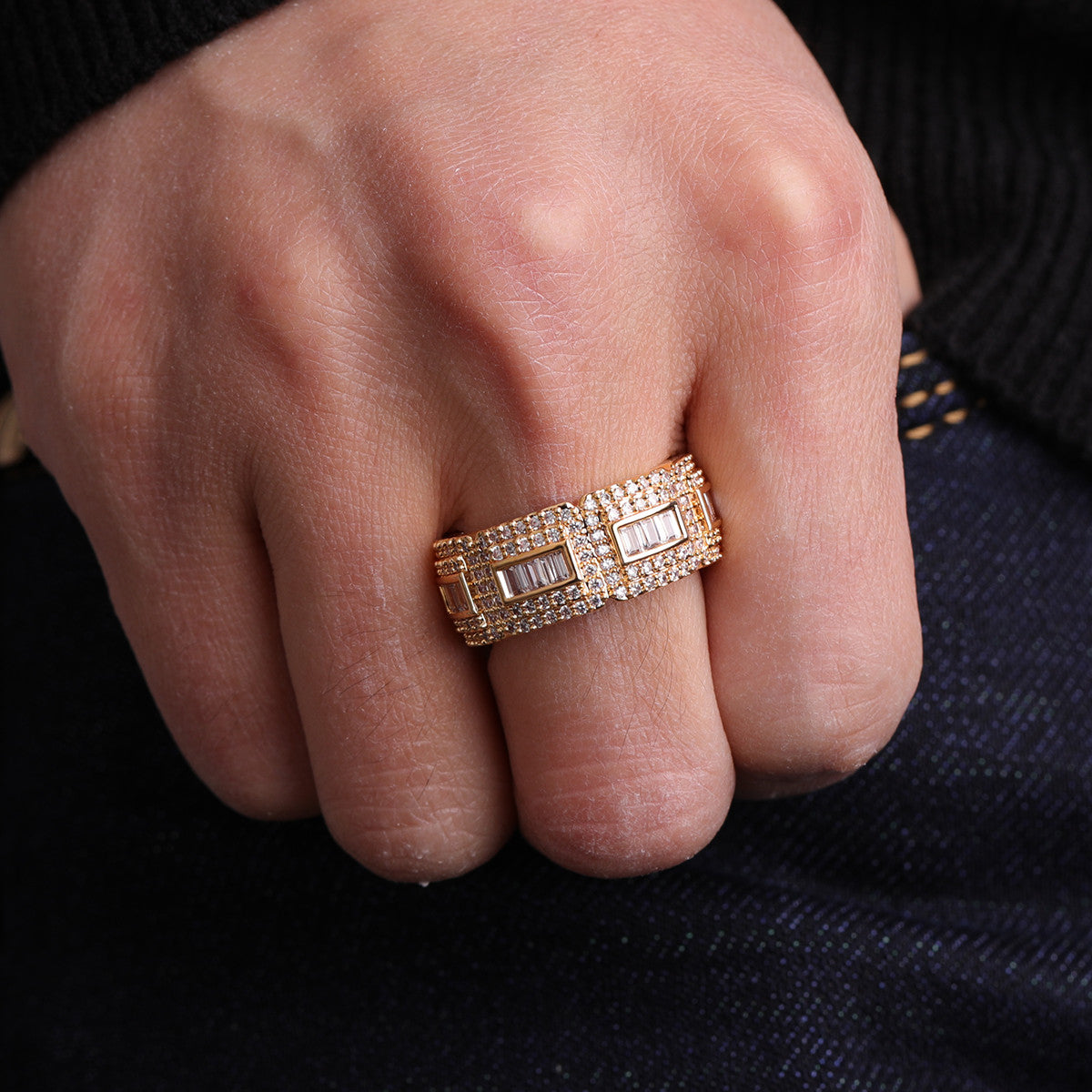 Ice King | Mens 24k 925 Silver Rose Gold Thick Baguette Blinged Out Rings