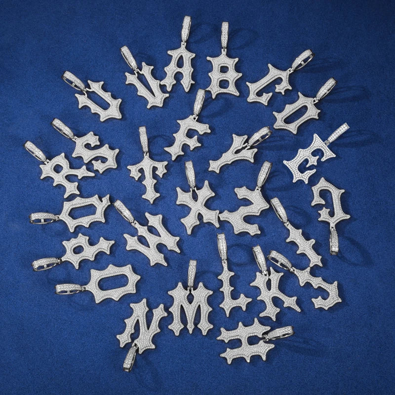 Ancient Text | Solid 925 Sterling Silver Moissanite Diamond Initial Letter Hip Hop Pendants