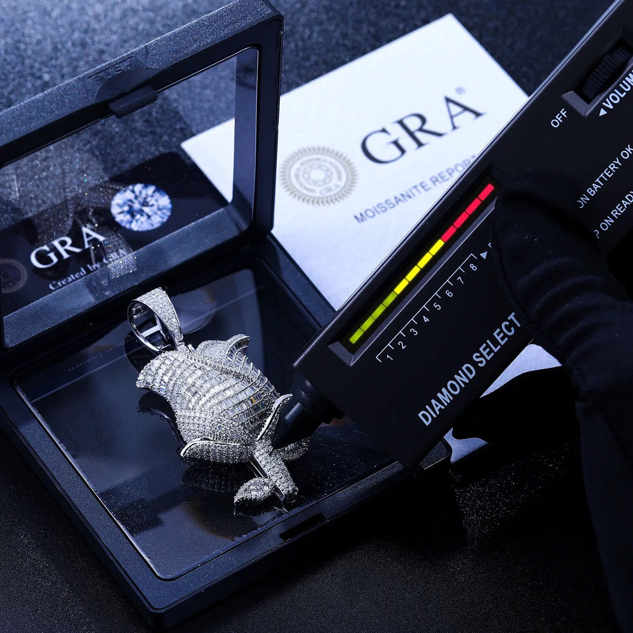 Iced Blossom | Moissanite Diamond Solid Sterling Silver Baguette &amp; Round Stone Rose Pendant