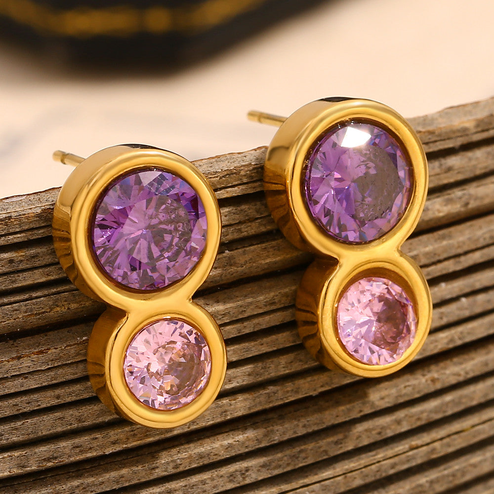 18k Gold Waterproof Stainless Steel Double CIrcle Pink Purple Ziron Stud Earrings