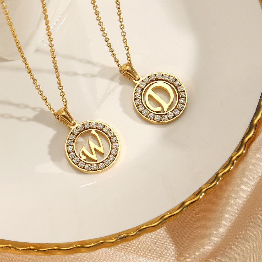 18k Gold Waterproof Hollow Round CZ Paved 26 Alphabet Initial Necklace