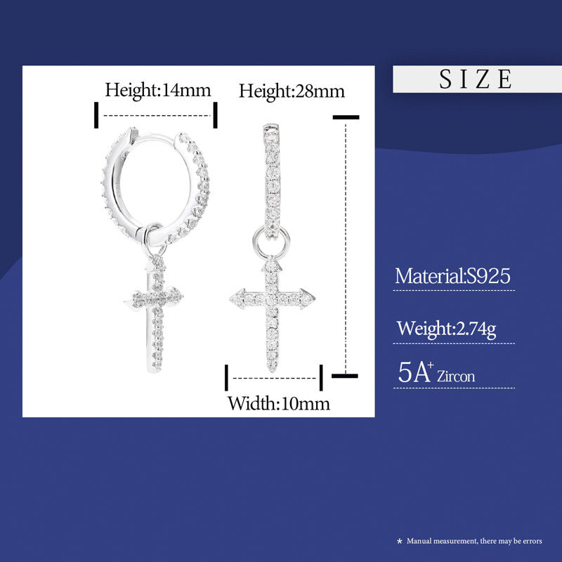 Crossed Huggie | Solid Sterling Silver VVS Diamond CZ Stone Cross Hoop Hip Hop Earrings