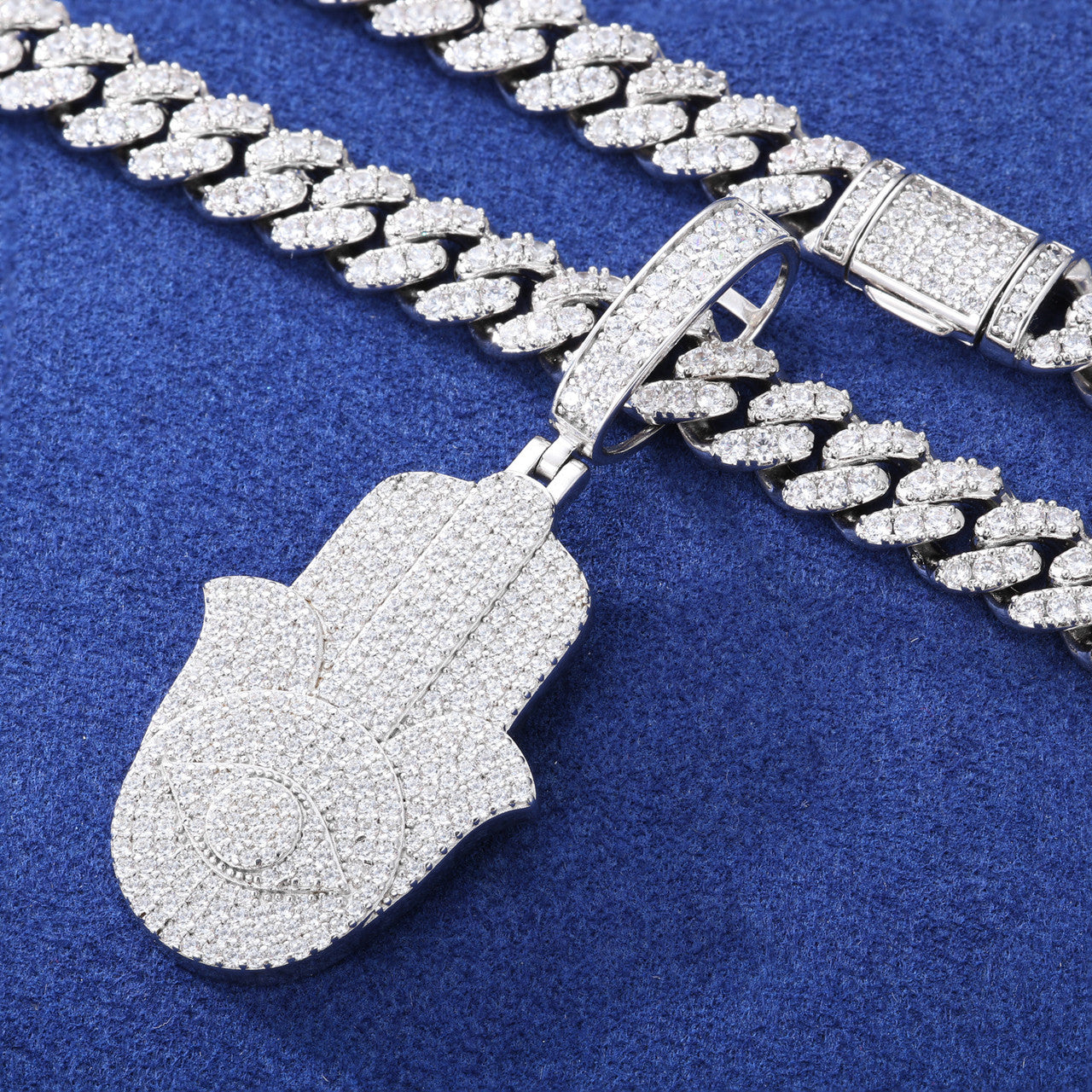 Eye Of Fatima | Solid Sterling Silver Moissanite Diamond Hamsa Hand Iced Blinged Out Pendant