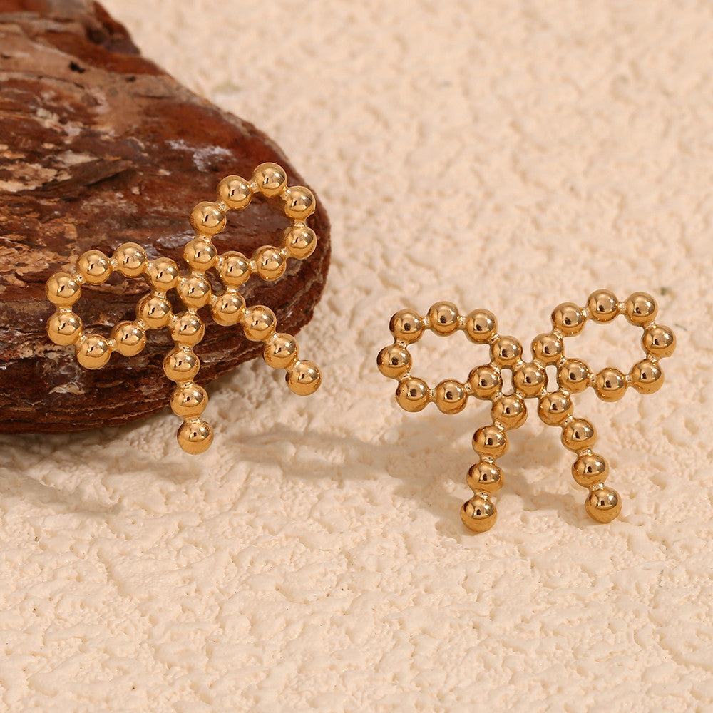 The Prize | 18k Gold Stainless Steel Waterproof Elegant Tiny Round Beads Bowknot Stud Earrings