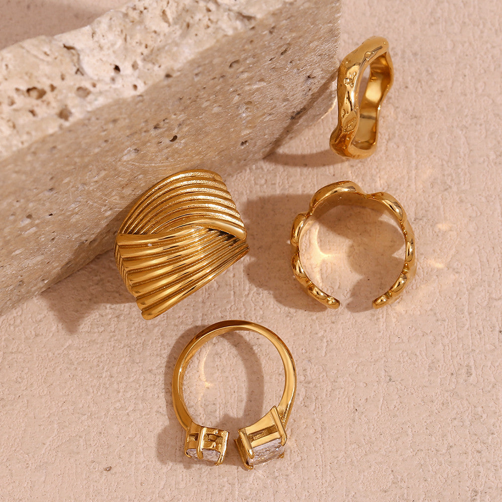 Ladies 18k Gold Striped Cross Wave Spring Shaped Hammered Pattern Tarnish Free Rings