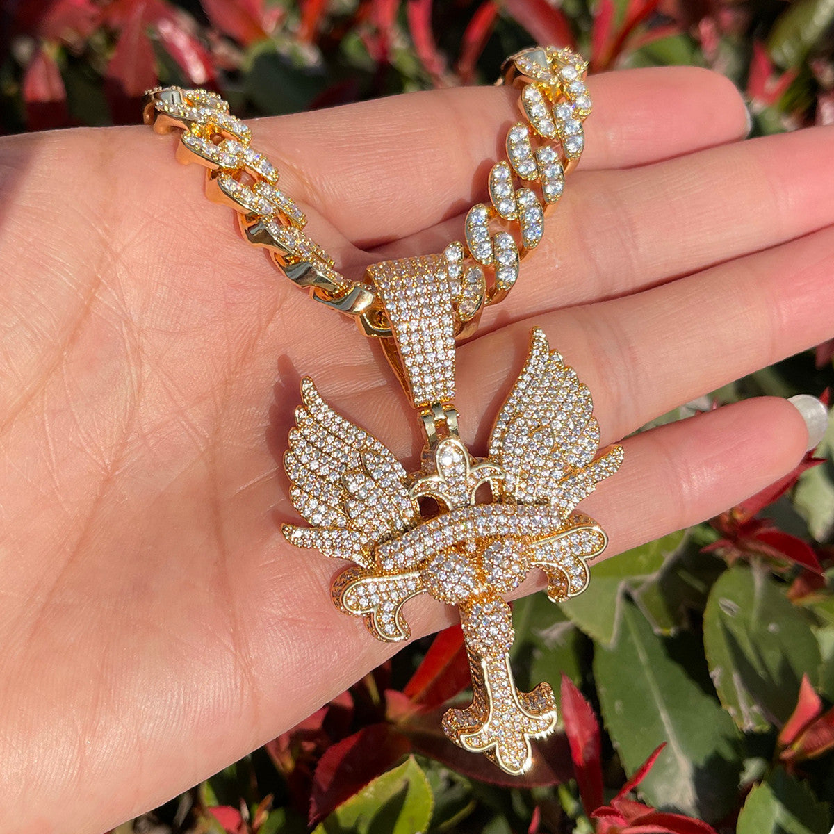 The Self Righteous | Fleur De Lis Winged Iced Blinged Out 24k Cross Pendant