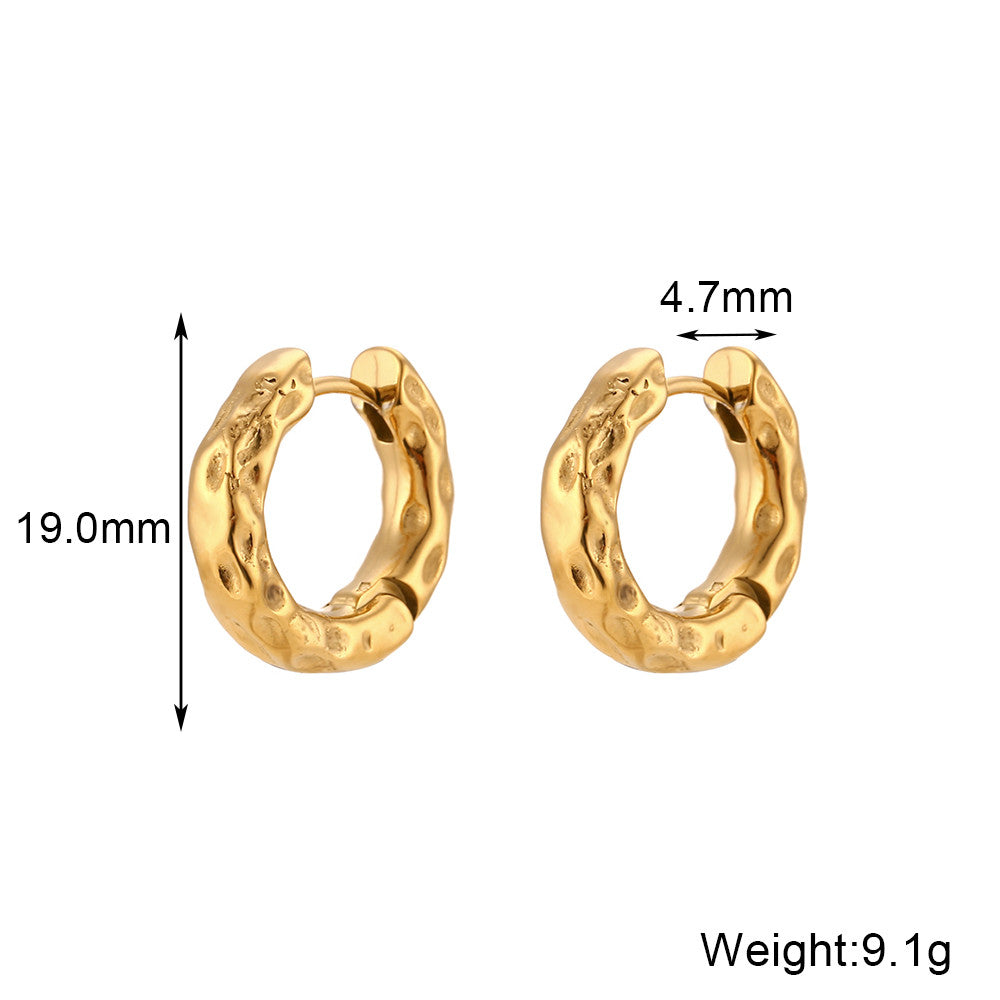 Women's 18k Gold Stainless Steel Waterproof 2 Sizes Chunky Thin Hammered Hoop Earrings