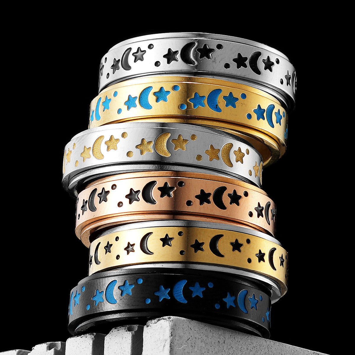 The Night Sky | 316L Stainless Steel Stars Moon Luminous Glowing Rotatable Rings