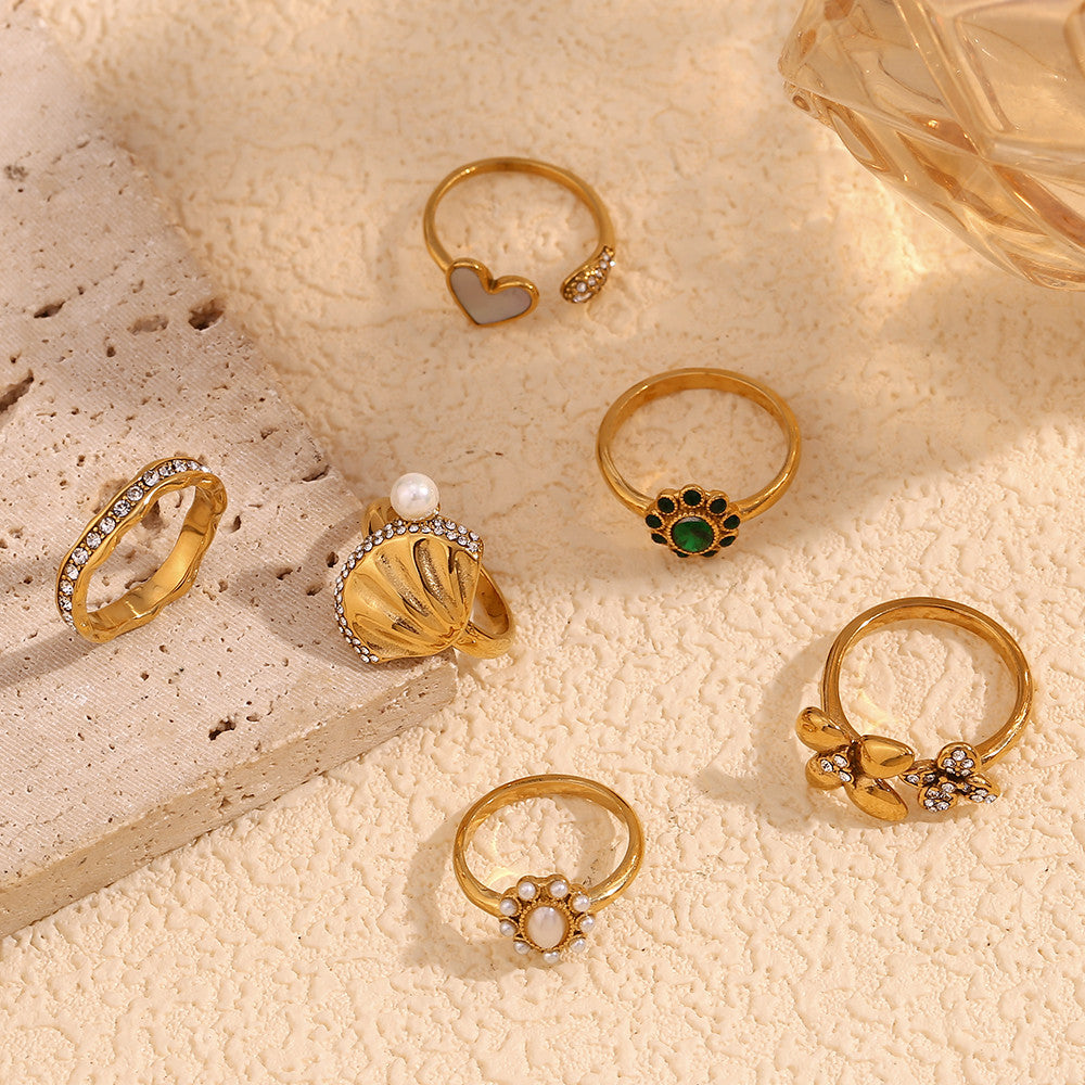 Ladies Stainless Steel Pearl Luxurious Elegant Fashion 18k Gold Waterproof Rings thumbnail