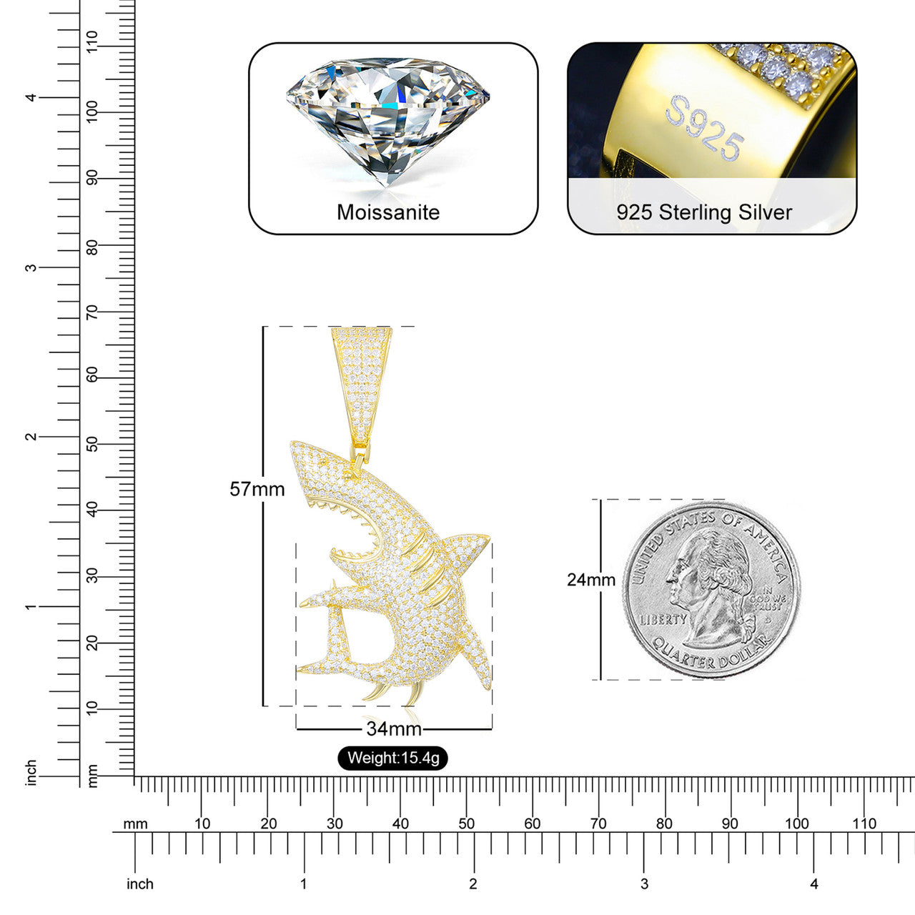 Shark Strike | Sterling Silver VVS Diamond Stones Great White Shark Iced Pendant