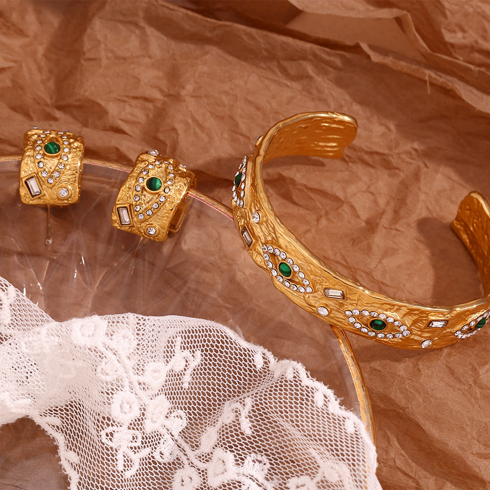 18k Gold Waterproof Malachite Eye CZ Open Bracelet Stainless Steel Ring Bracelet Jewelry Set