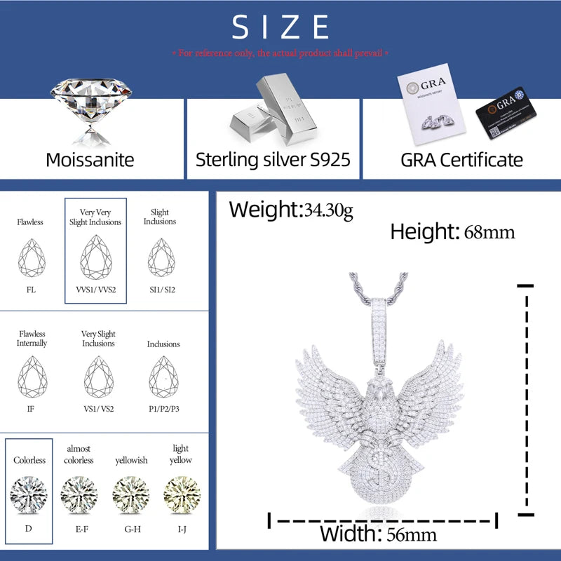 Fly High | Moissanite Diamond 925 Silver Soaring Eagle Holding Money Bag Iced Pendant