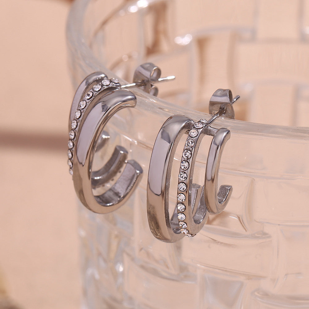 18k Gold Three layer C-shaped CZ Stone Stainless Steel Tarnish Free Earrings