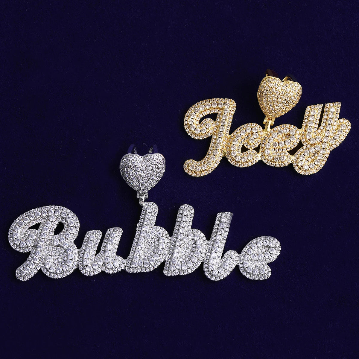 Heart Bail | VVS Diamond CZ Cluster Stone 24k 925 Silver Rose Gold Script Name Plate Pendant