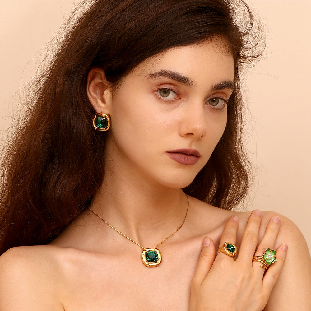 Ladies 18k Gold Waterproof Round Square Flower CZ Earrings Necklace Ring Set