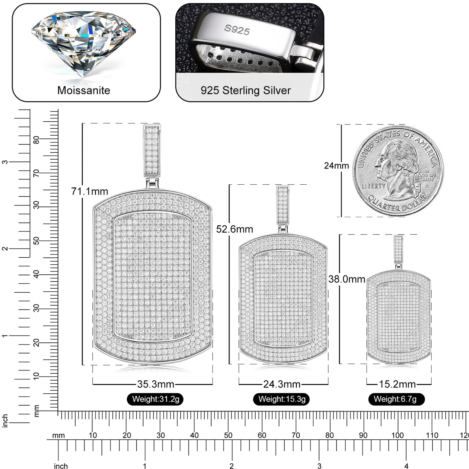 The Spark | VVS Iced Blinged Out Moissanite Diamond  Dog Tag 925 Sterling Silver Pendant
