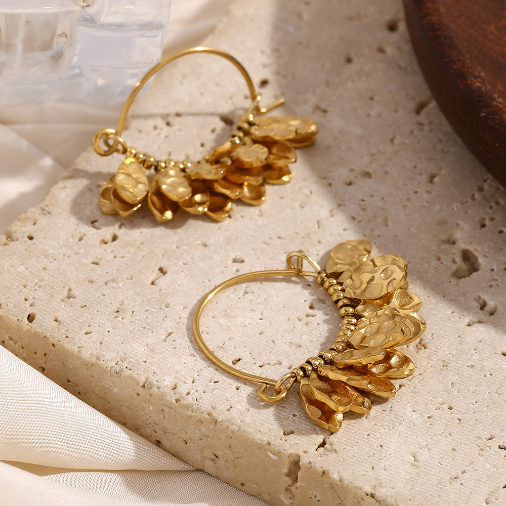 Stainless Steel 18k Gold Elegant Hammered Leaf Pattern Designer Style Earrings