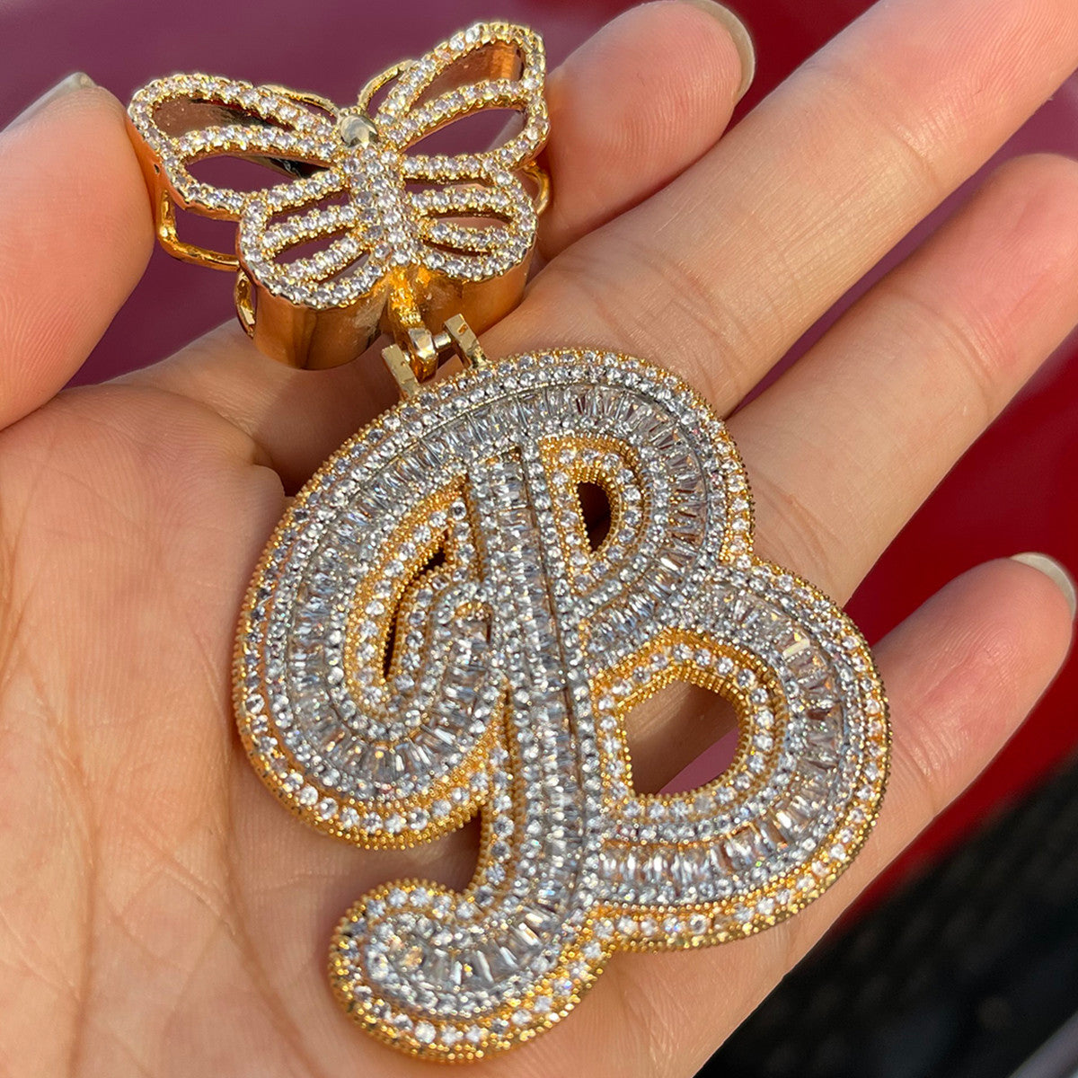 FlutterScript | Ladies Butterfly Bail Custom Cursive Baguette Bling Initial Necklace
