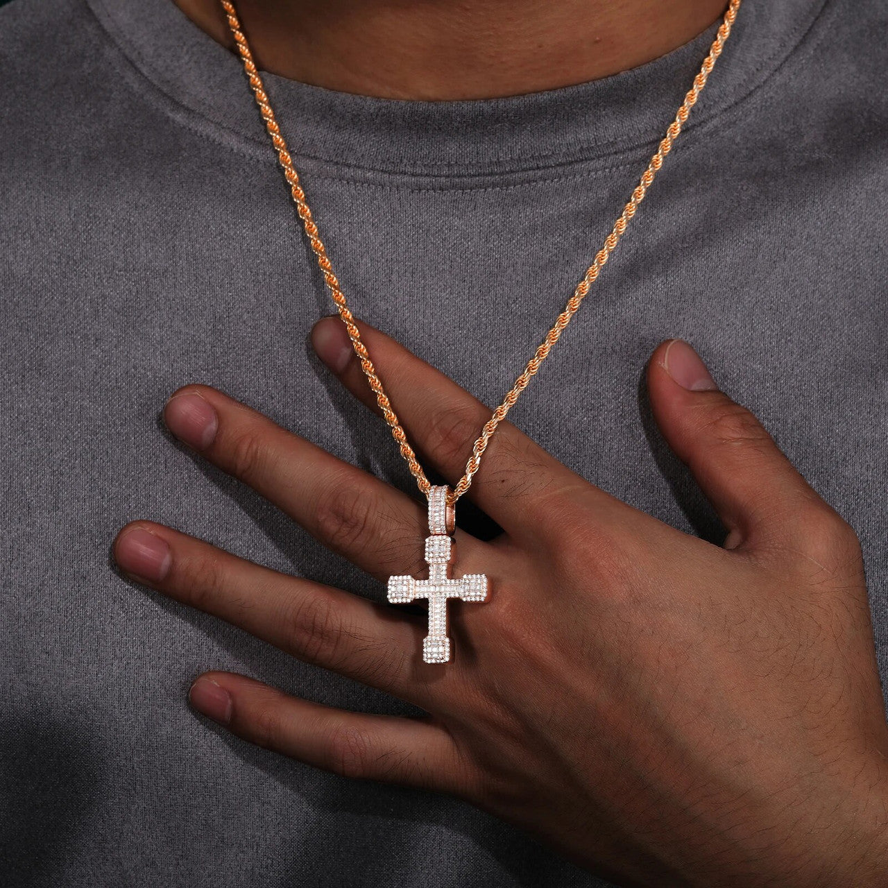 Mens Baguette Diamond Block Cross 925 Sterling Silver Hip Hop Pendant