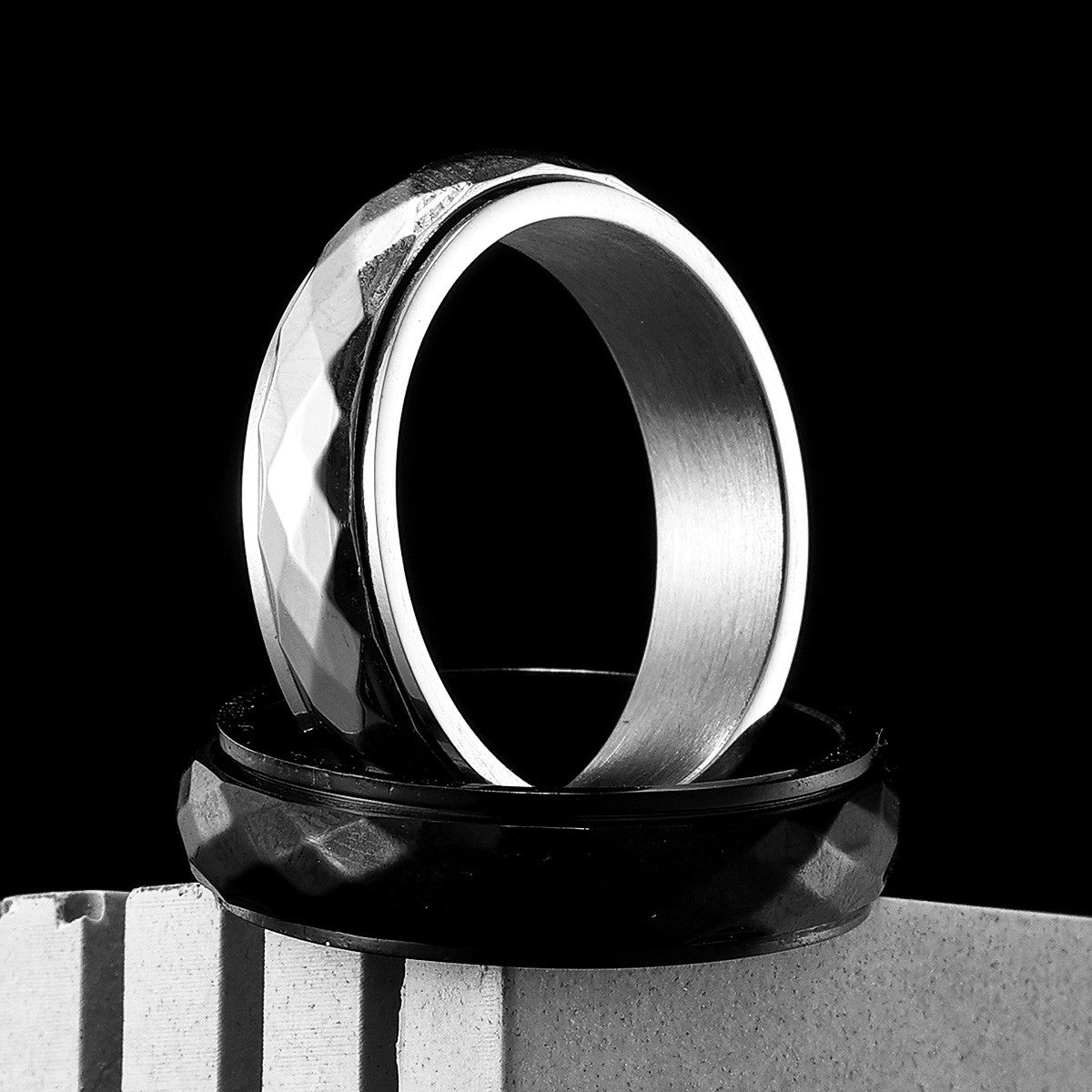 Geometric | Black Silver Solid Stainless Steel Rotating Classic Streetwear Rings