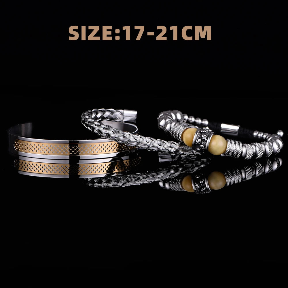 Tiger Eye | Natural Stone 3 Piece Stainless Steel Luxury No Fading Adjustable Bracelets