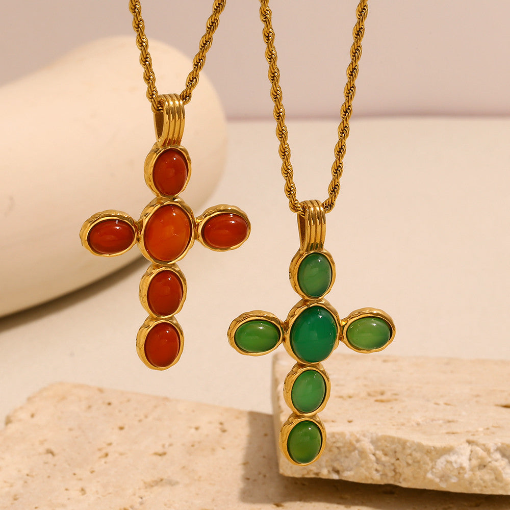 18k Gold Stainless Steel Waterproof Green/Red Color Oval Gemstone Cross Pendant Necklace