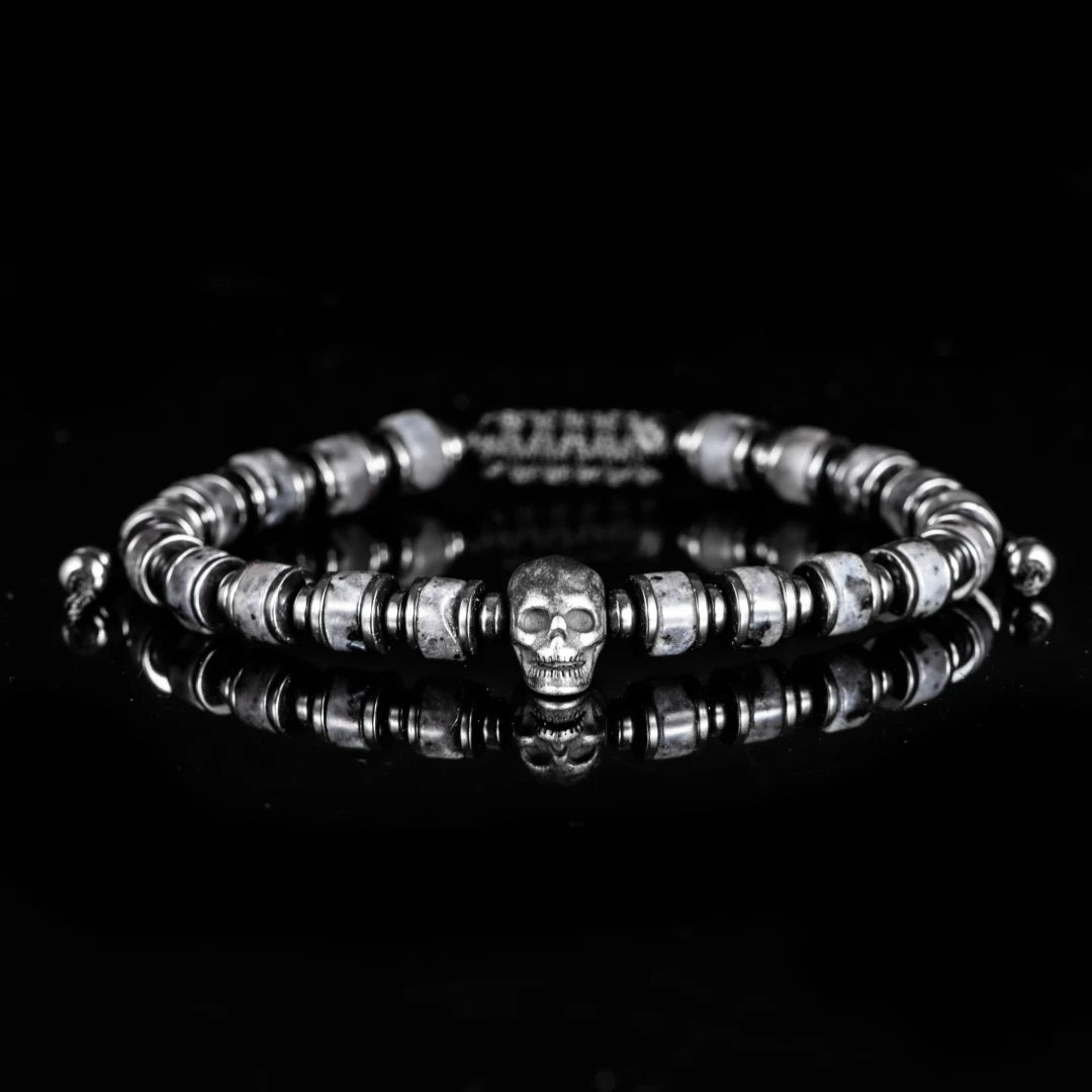 Secret Society II | Men's Natural Stone Beaded No Fade Stainless Steel Skull Bracelet