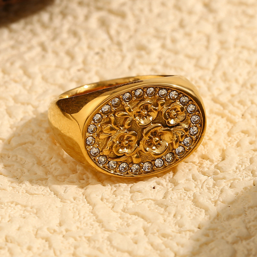 Ladies 18k Gold No Fade Stainless Steel Vintage Small Flower Waterproof Rings