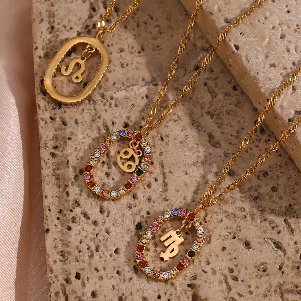18k Gold Stainless Steel Colorful CZ Hollow Oval Zodiac Sign Pendant Necklaces