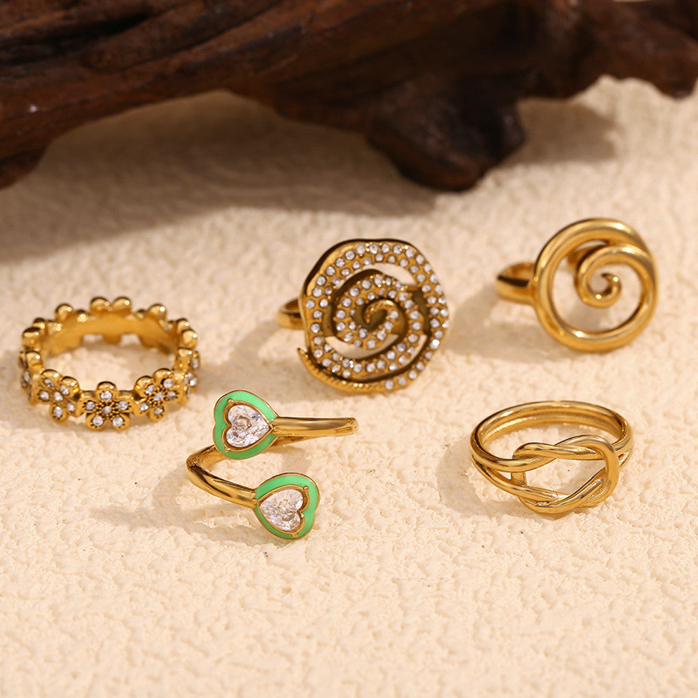 18k Gold Stainless Steel Flower Micro Inlaid Daisy Knot Double Layered Heart Rings